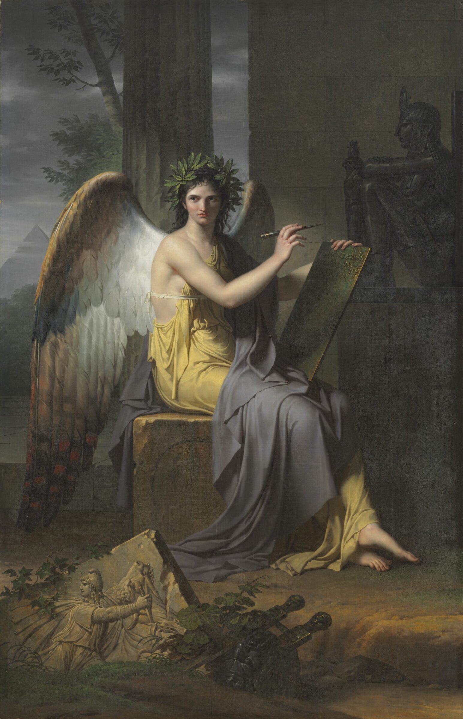A painting of Clio writing on a scroll