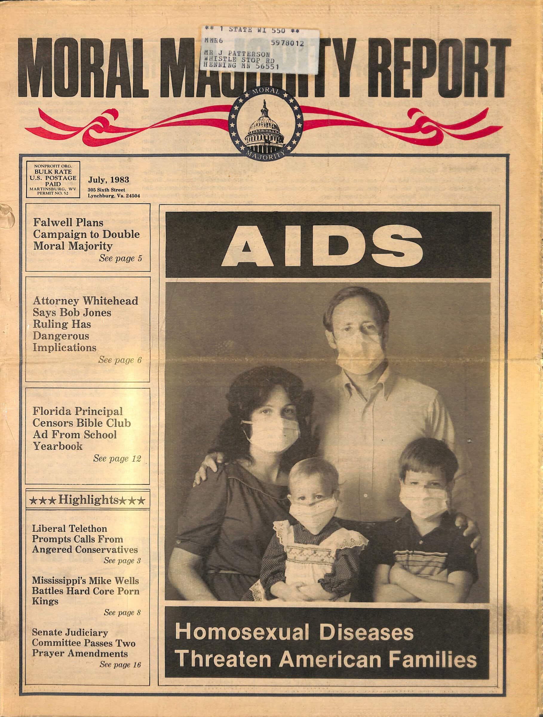 Newscover featuring the title "AIDS" and a family wearing masks.